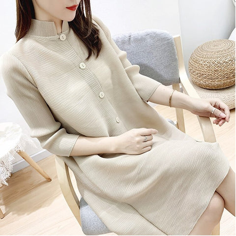 Stand Collar Three Quarter Sleeve Pleated New Single Breasted Loose Solid Color Coat CODE: KAR1086