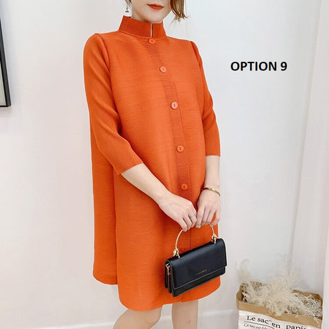 Stand Collar Three Quarter Sleeve Pleated New Single Breasted Loose Solid Color Coat CODE: KAR1086