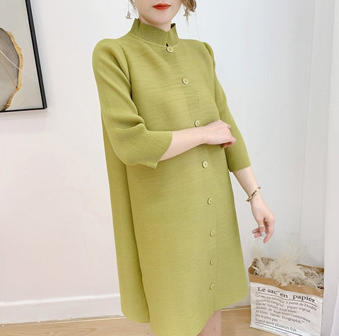 Stand Collar Three Quarter Sleeve Pleated New Single Breasted Loose Solid Color Coat CODE: KAR1086