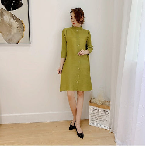 Stand Collar Three Quarter Sleeve Pleated New Single Breasted Loose Solid Color Coat CODE: KAR1086