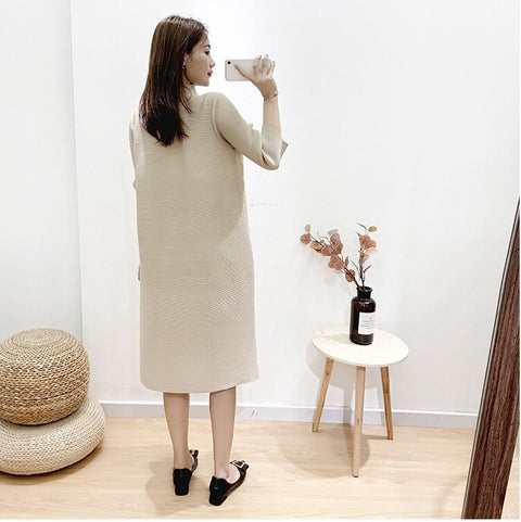 Stand Collar Three Quarter Sleeve Pleated New Single Breasted Loose Solid Color Coat CODE: KAR1086