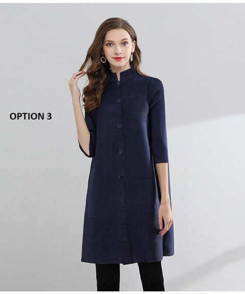 Stand Collar Three Quarter Sleeve Pleated New Single Breasted Loose Solid Color Coat CODE: KAR1086
