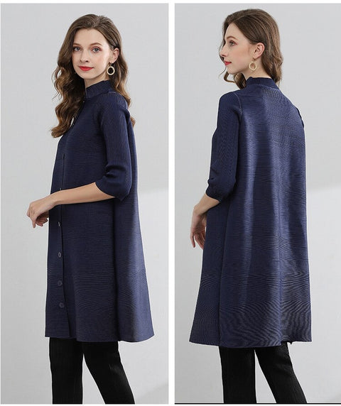 Stand Collar Three Quarter Sleeve Pleated New Single Breasted Loose Solid Color Coat CODE: KAR1086