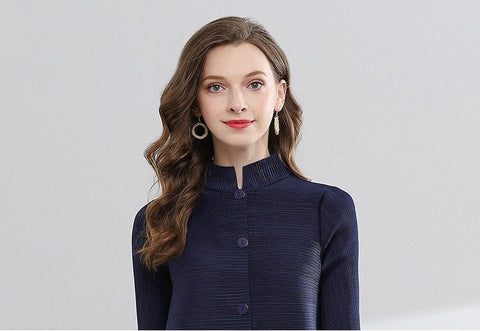 Stand Collar Three Quarter Sleeve Pleated New Single Breasted Loose Solid Color Coat CODE: KAR1086