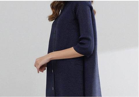 Stand Collar Three Quarter Sleeve Pleated New Single Breasted Loose Solid Color Coat CODE: KAR1086