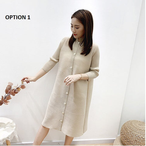 Stand Collar Three Quarter Sleeve Pleated New Single Breasted Loose Solid Color Coat CODE: KAR1086
