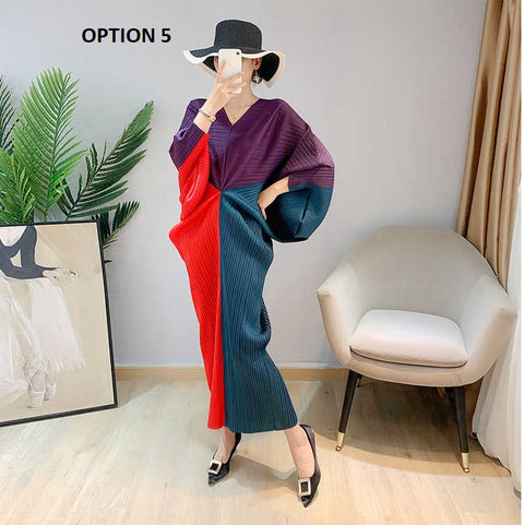 Color Contrast Loose Casual Pleated Long Dresses CODE: KAR1087