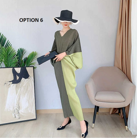 Color Contrast Loose Casual Pleated Long Dresses CODE: KAR1087