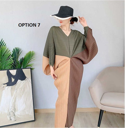 Color Contrast Loose Casual Pleated Long Dresses CODE: KAR1087