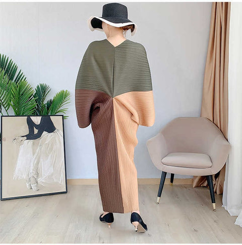 Color Contrast Loose Casual Pleated Long Dresses CODE: KAR1087