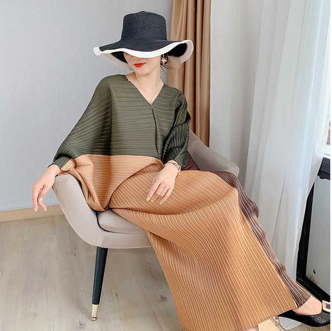 Color Contrast Loose Casual Pleated Long Dresses CODE: KAR1087