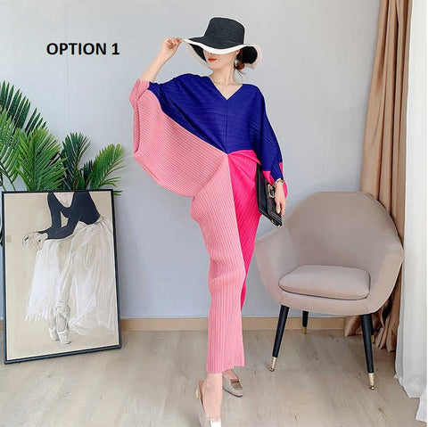 Color Contrast Loose Casual Pleated Long Dresses CODE: KAR1087