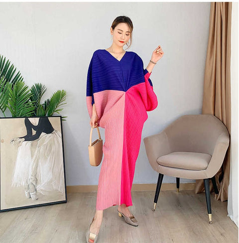 Color Contrast Loose Casual Pleated Long Dresses CODE: KAR1087