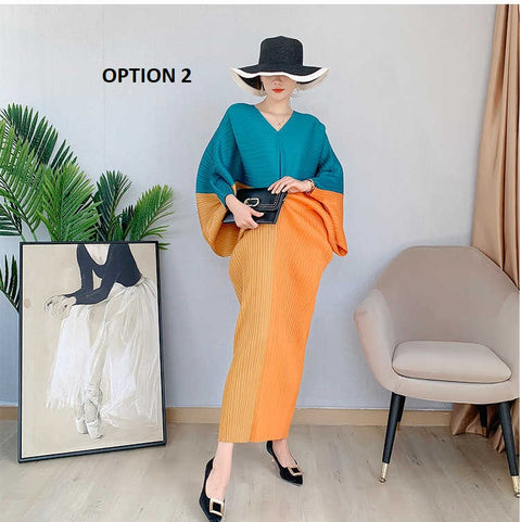 Color Contrast Loose Casual Pleated Long Dresses CODE: KAR1087