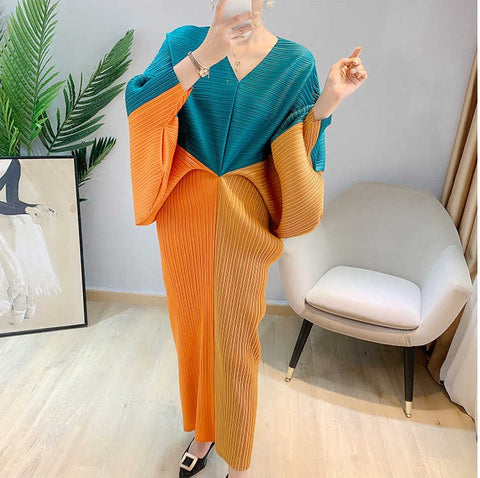 Color Contrast Loose Casual Pleated Long Dresses CODE: KAR1087