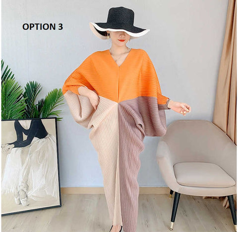 Color Contrast Loose Casual Pleated Long Dresses CODE: KAR1087