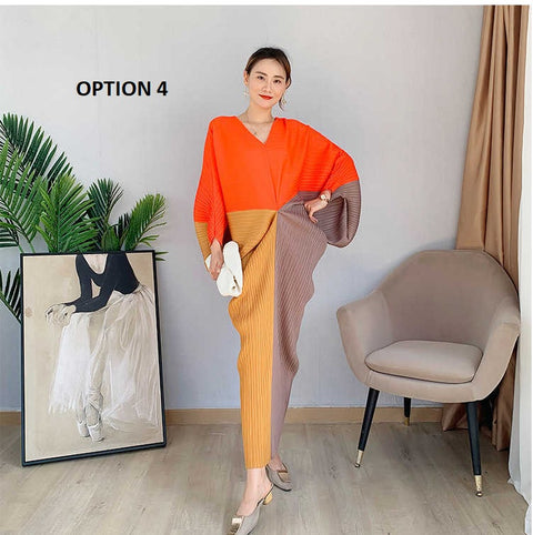 Color Contrast Loose Casual Pleated Long Dresses CODE: KAR1087