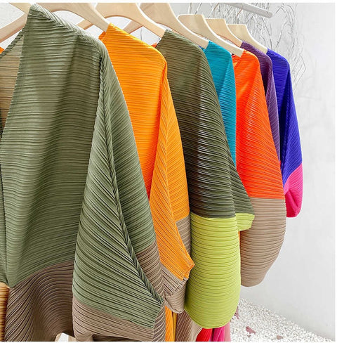 Color Contrast Loose Casual Pleated Long Dresses CODE: KAR1087