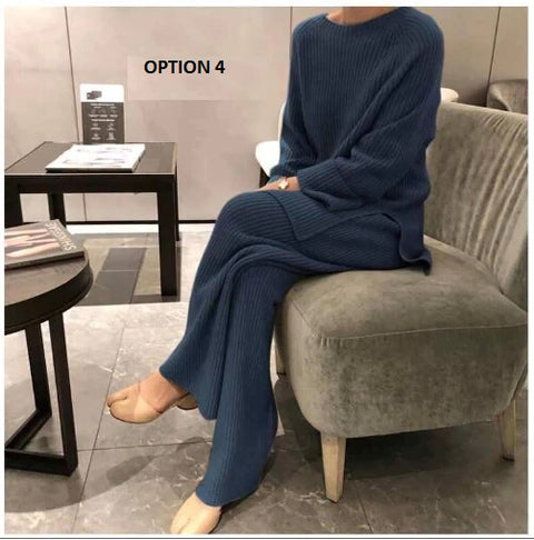 New Thicken Warm Knitted Pullover Sweater Two-Piece Suits +High Waist Loose Wide Leg Pants Set CODE: KAR1089