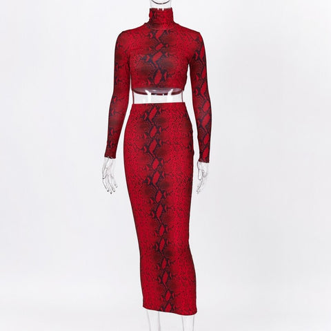 Snake Print  Matching Long Sleeve Crop Top Midi Two Piece Set CODE: KAR1095