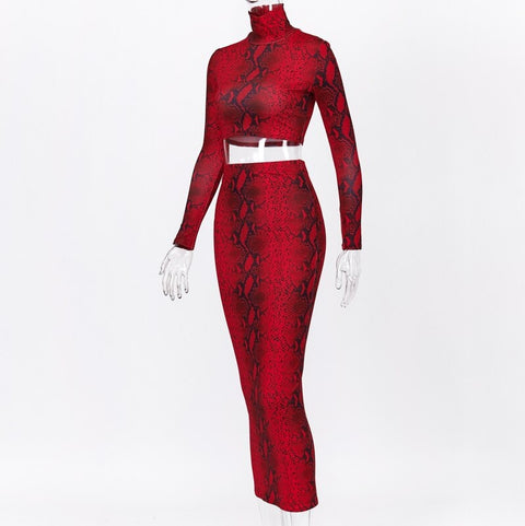 Snake Print  Matching Long Sleeve Crop Top Midi Two Piece Set CODE: KAR1095