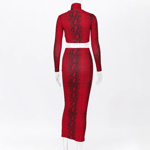 Snake Print  Matching Long Sleeve Crop Top Midi Two Piece Set CODE: KAR1095