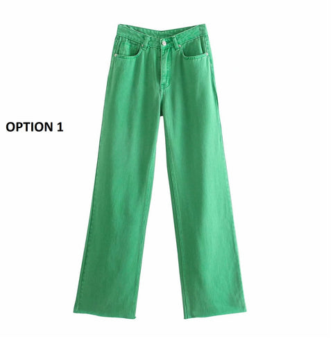 New Pockets Fashion Solid Color Wide-leg Zipper Jeans CODE: KAR1105
