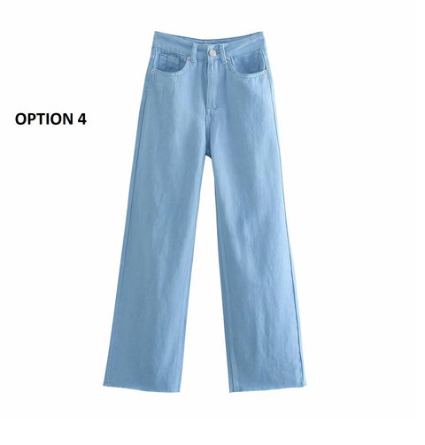 New Pockets Fashion Solid Color Wide-leg Zipper Jeans CODE: KAR1105