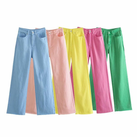 New Pockets Fashion Solid Color Wide-leg Zipper Jeans CODE: KAR1105