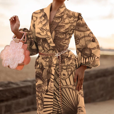 New Fashion Print Turn-down Collar Long Sleeve Full-Length Coat CODE: KAR1121