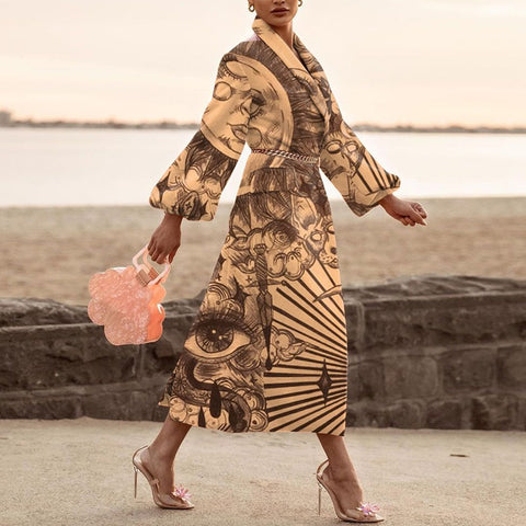 New Fashion Print Turn-down Collar Long Sleeve Full-Length Coat CODE: KAR1121