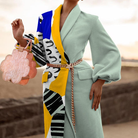 New Fashion Print Turn-down Collar Long Sleeve Full-Length Coat CODE: KAR1121