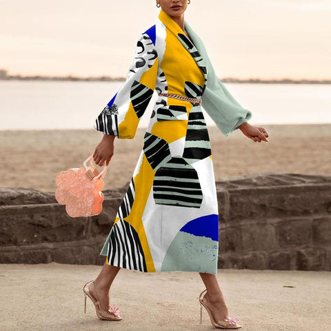 New Fashion Print Turn-down Collar Long Sleeve Full-Length Coat CODE: KAR1121