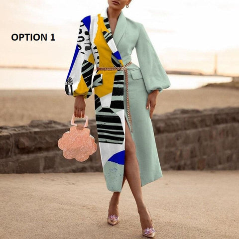 New Fashion Print Turn-down Collar Long Sleeve Full-Length Coat CODE: KAR1121