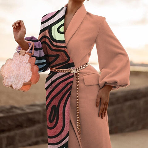 New Fashion Print Turn-down Collar Long Sleeve Full-Length Coat CODE: KAR1121