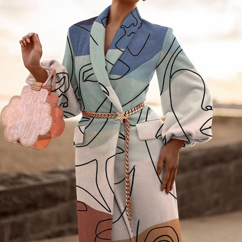 New Fashion Print Turn-down Collar Long Sleeve Full-Length Coat CODE: KAR1121