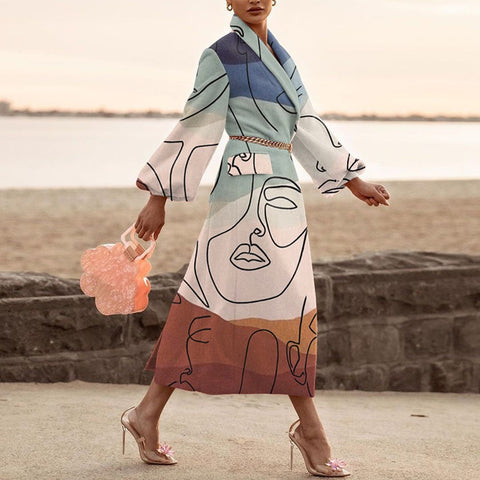 New Fashion Print Turn-down Collar Long Sleeve Full-Length Coat CODE: KAR1121