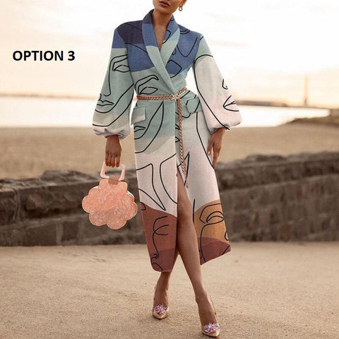 New Fashion Print Turn-down Collar Long Sleeve Full-Length Coat CODE: KAR1121