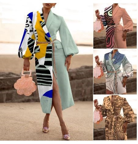 New Fashion Print Turn-down Collar Long Sleeve Full-Length Coat CODE: KAR1121