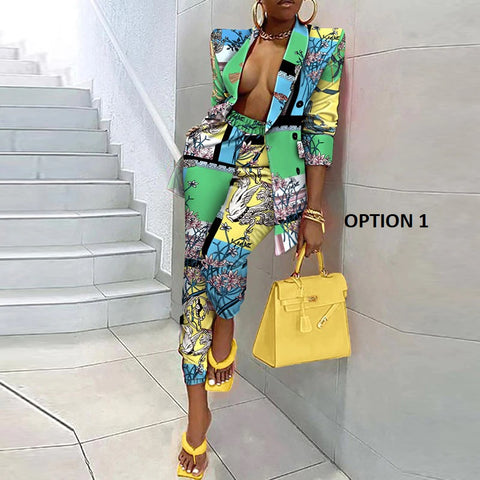 Long Sleeve Coat And Pencil Pants Colorful Print Loose Two Piece Set CODE: KAR1122
