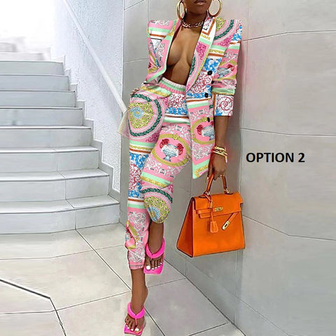 Long Sleeve Coat And Pencil Pants Colorful Print Loose Two Piece Set CODE: KAR1122