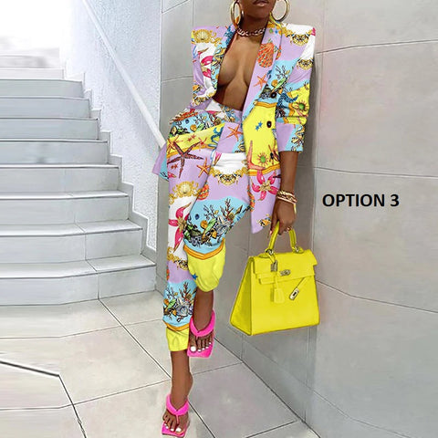 Long Sleeve Coat And Pencil Pants Colorful Print Loose Two Piece Set CODE: KAR1122