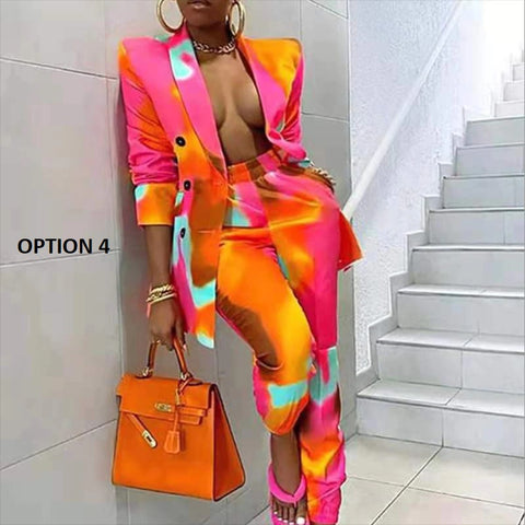 Long Sleeve Coat And Pencil Pants Colorful Print Loose Two Piece Set CODE: KAR1122