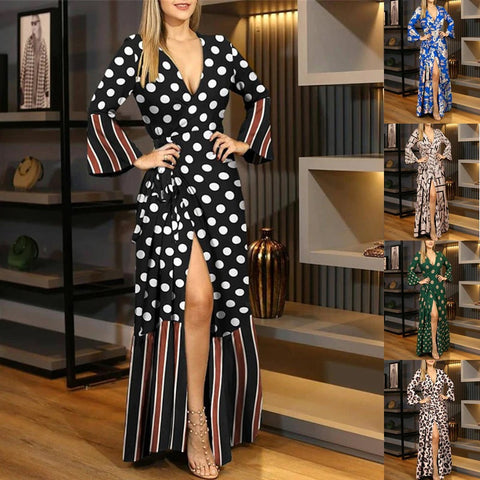 New Sexy Elegant Dot Floral Print Split Deep V Neck Ruffles Lace Up Wrap Maxi Long Dress CODE: KAR1124