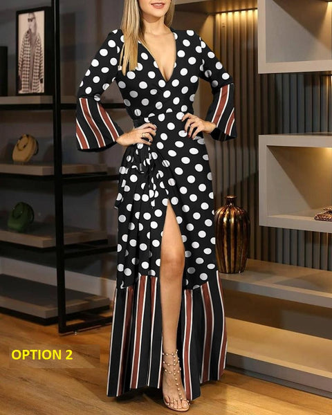 New Sexy Elegant Dot Floral Print Split Deep V Neck Ruffles Lace Up Wrap Maxi Long Dress CODE: KAR1124