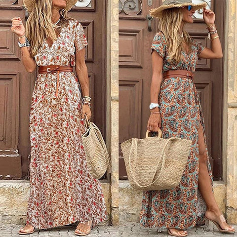 V Neck Short Sleeve Print Large Beach Long Dress CODE: KAR1125