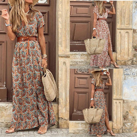 V Neck Short Sleeve Print Large Beach Long Dress CODE: KAR1125