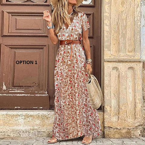 V Neck Short Sleeve Print Large Beach Long Dress CODE: KAR1125