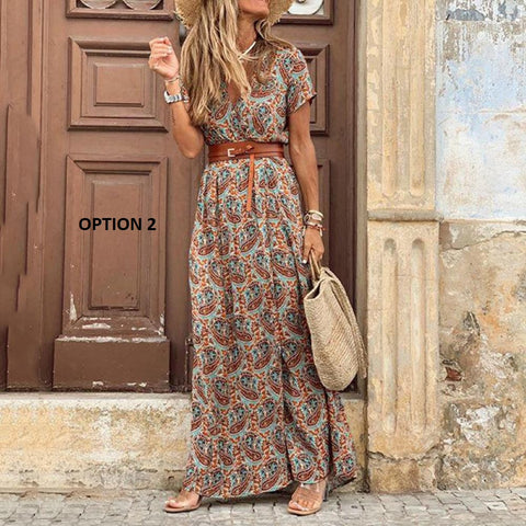 V Neck Short Sleeve Print Large Beach Long Dress CODE: KAR1125