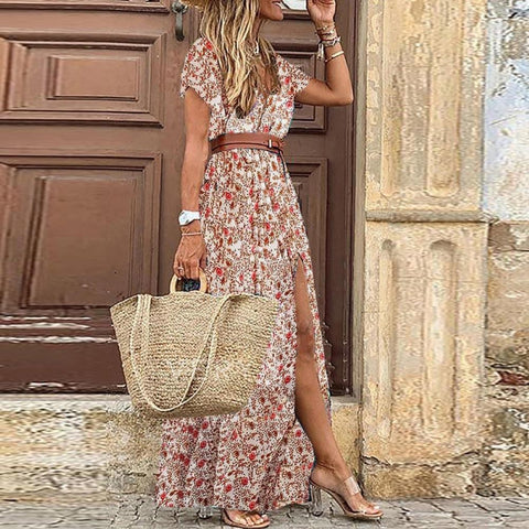V Neck Short Sleeve Print Large Beach Long Dress CODE: KAR1125